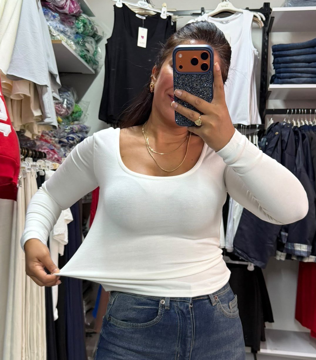 Ekru Beyaz U Yaka Likralı Body
