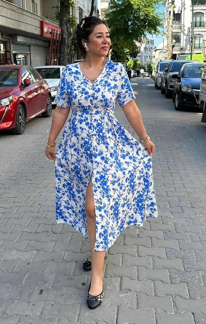 Eylül Mavi Çiçek Elbise