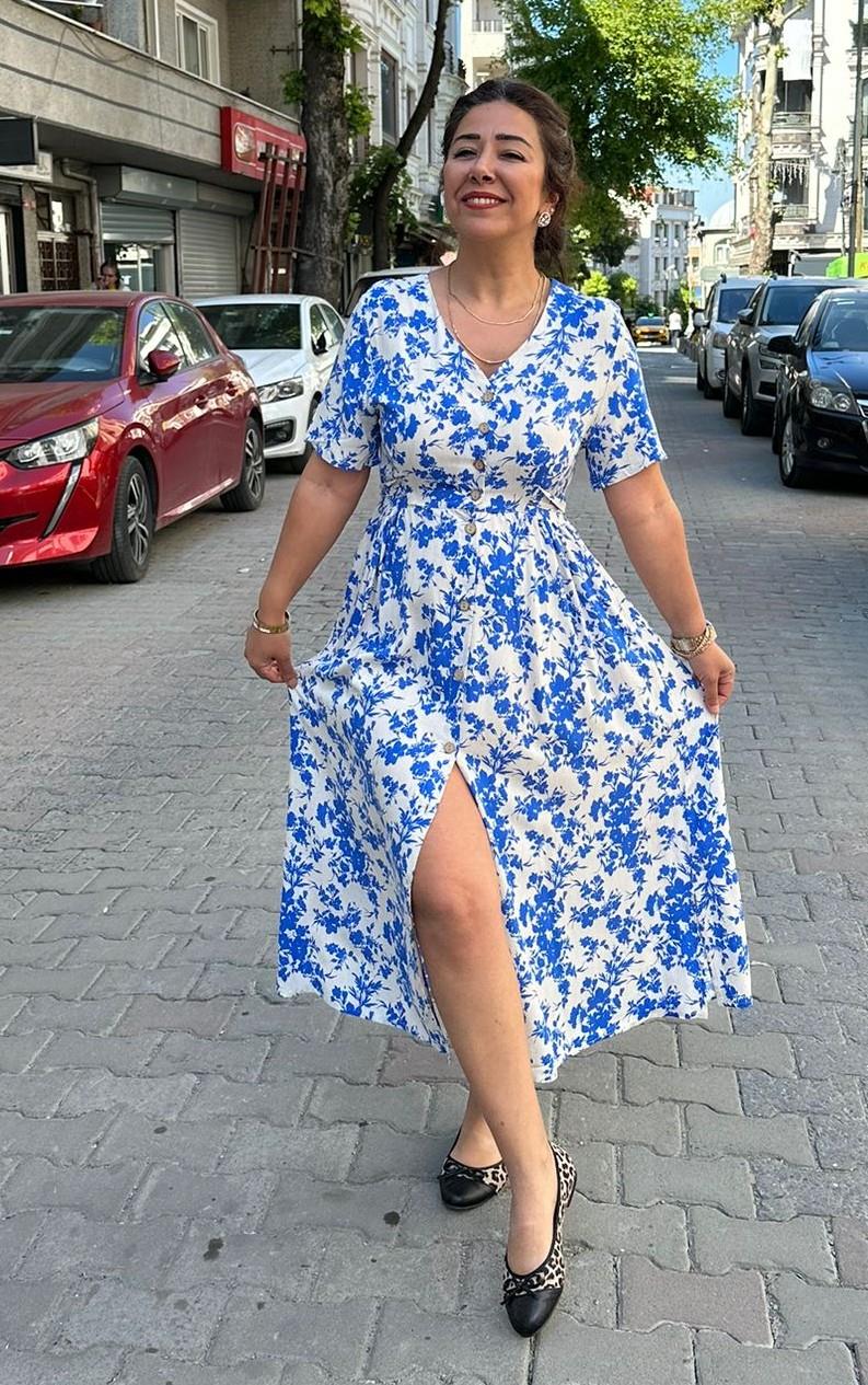 Eylül Mavi Çiçek Elbise