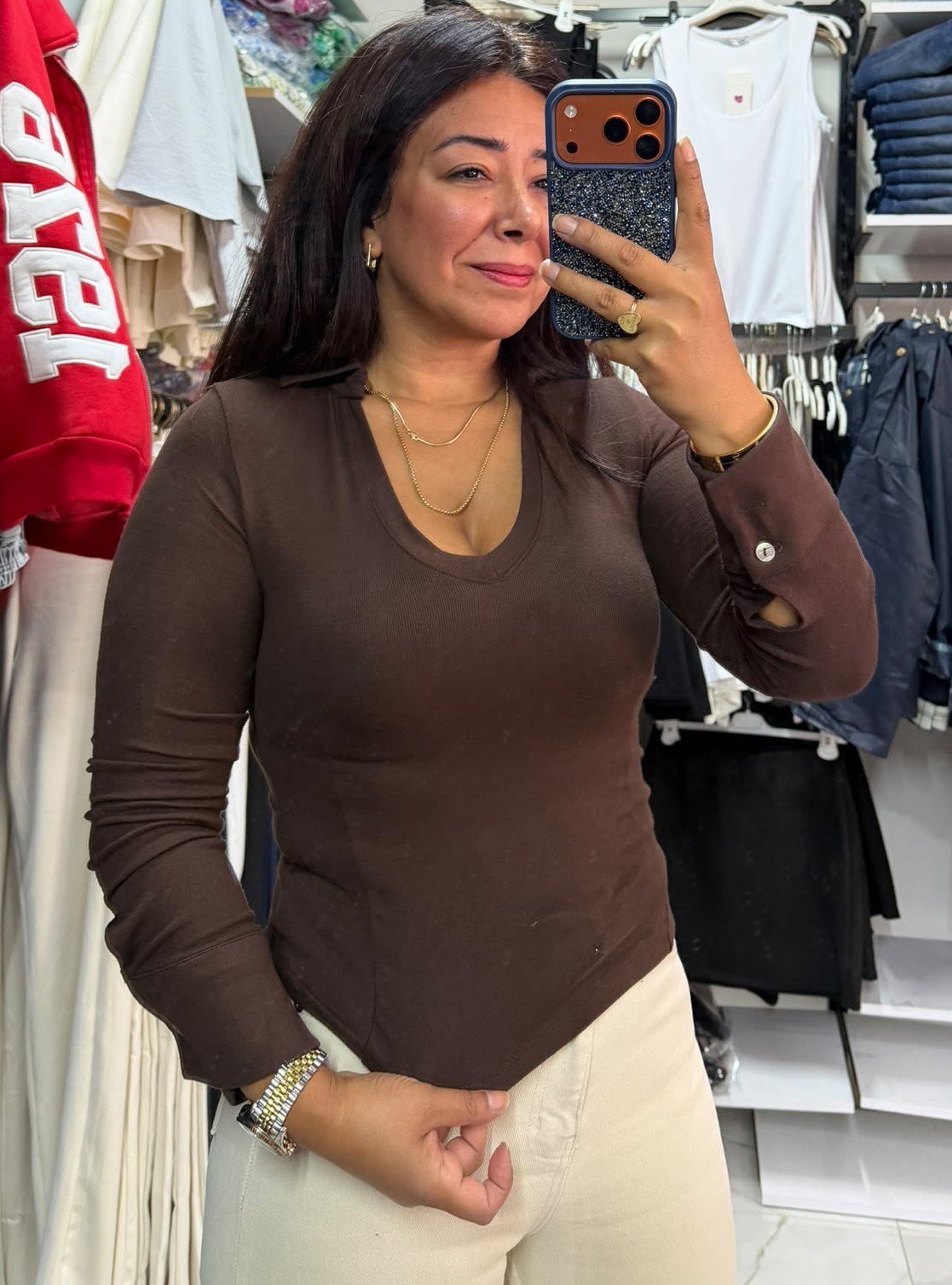 Kahverengi Gömlek Yaka Likralı Body