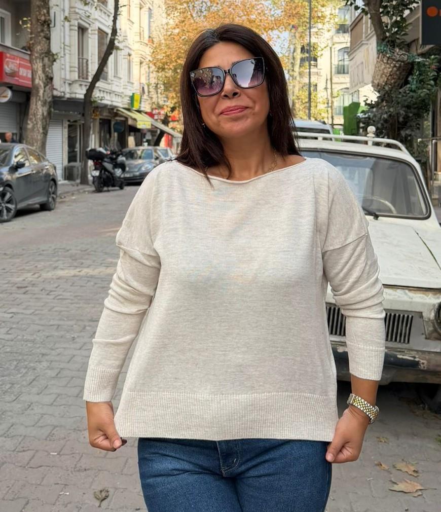 Kayık Yaka İnce Triko Bluz Krem Rengi(38-42 uyumlu