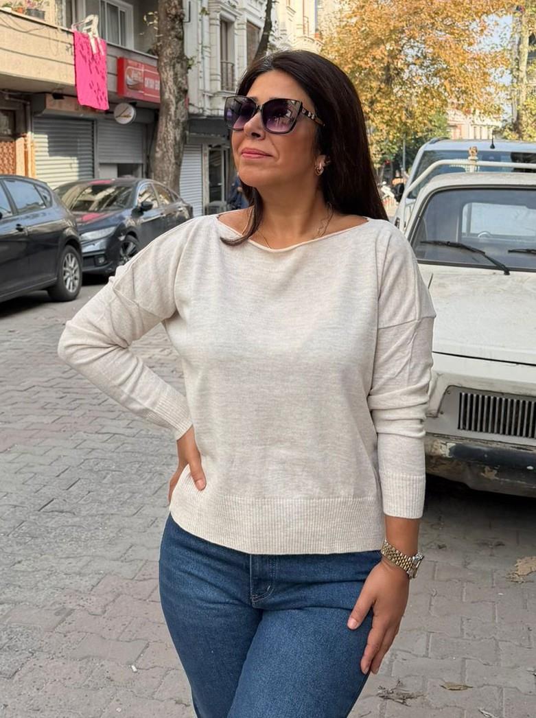 Kayık Yaka İnce Triko Bluz Krem Rengi(38-42 uyumlu