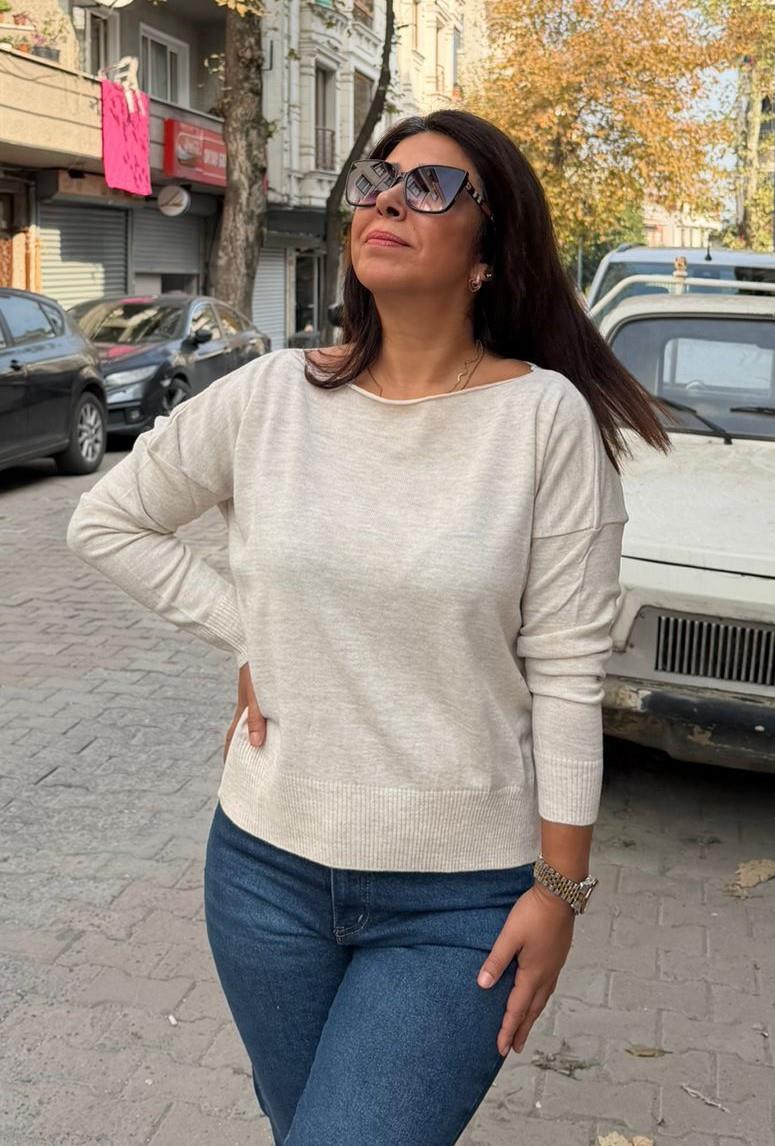 Kayık Yaka İnce Triko Bluz Krem Rengi(38-42 uyumlu