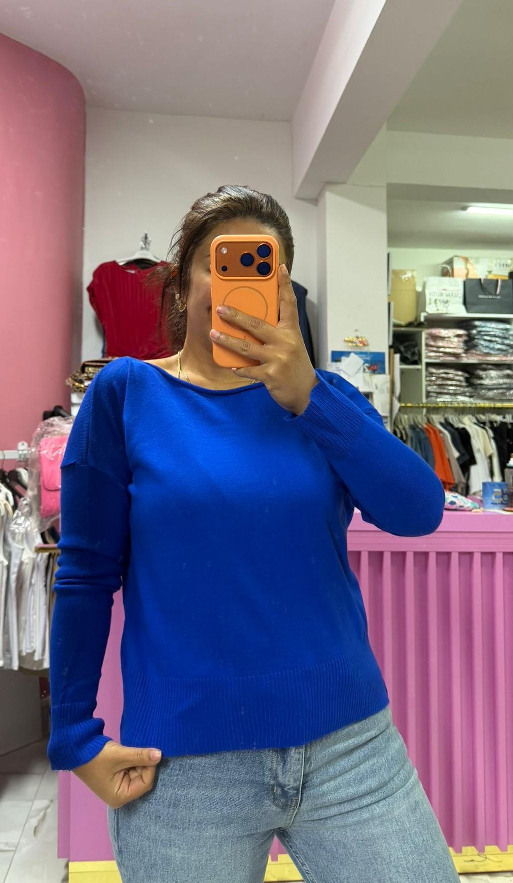 Kayık yaka Saks Mavi Triko Bluz(38-42 uyumlu)