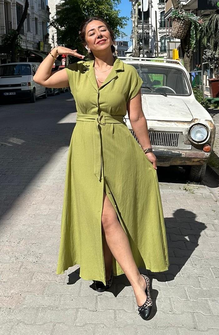 Keten Olive Elbise