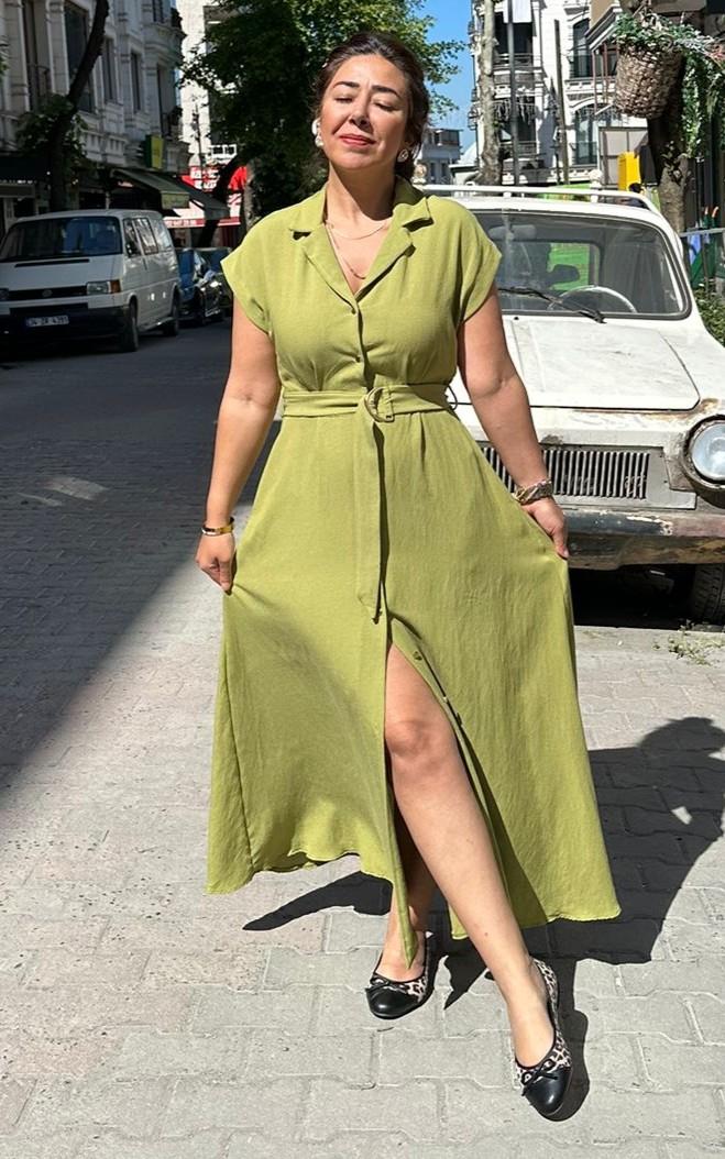 Keten Olive Elbise