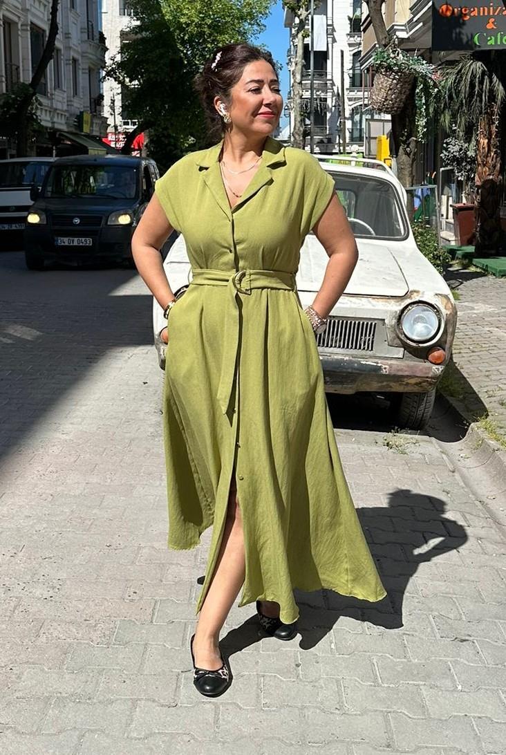 Keten Olive Elbise