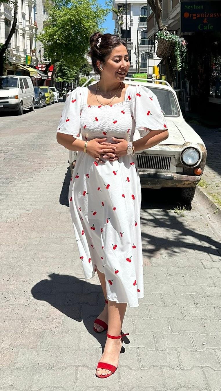Kirazlı Pamuk Poplin Elbise