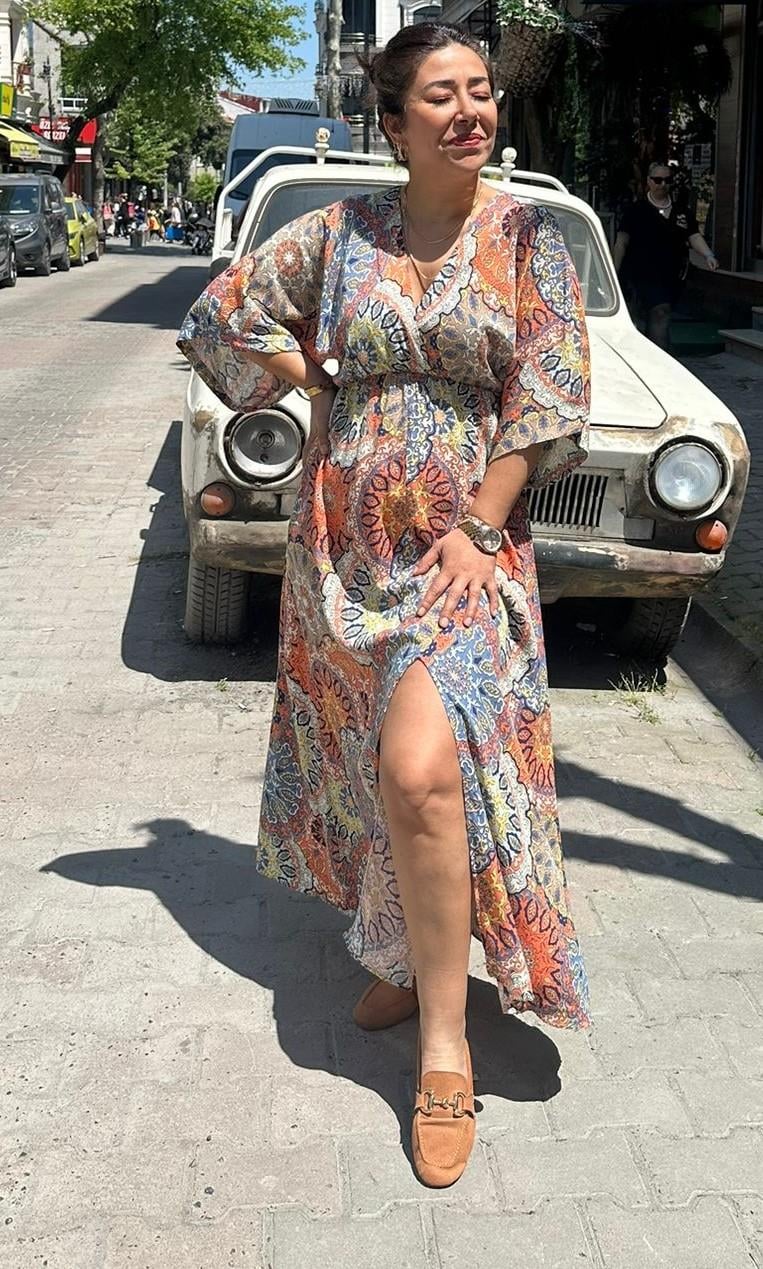 Kruvaze Elbise Turuncu pastel 