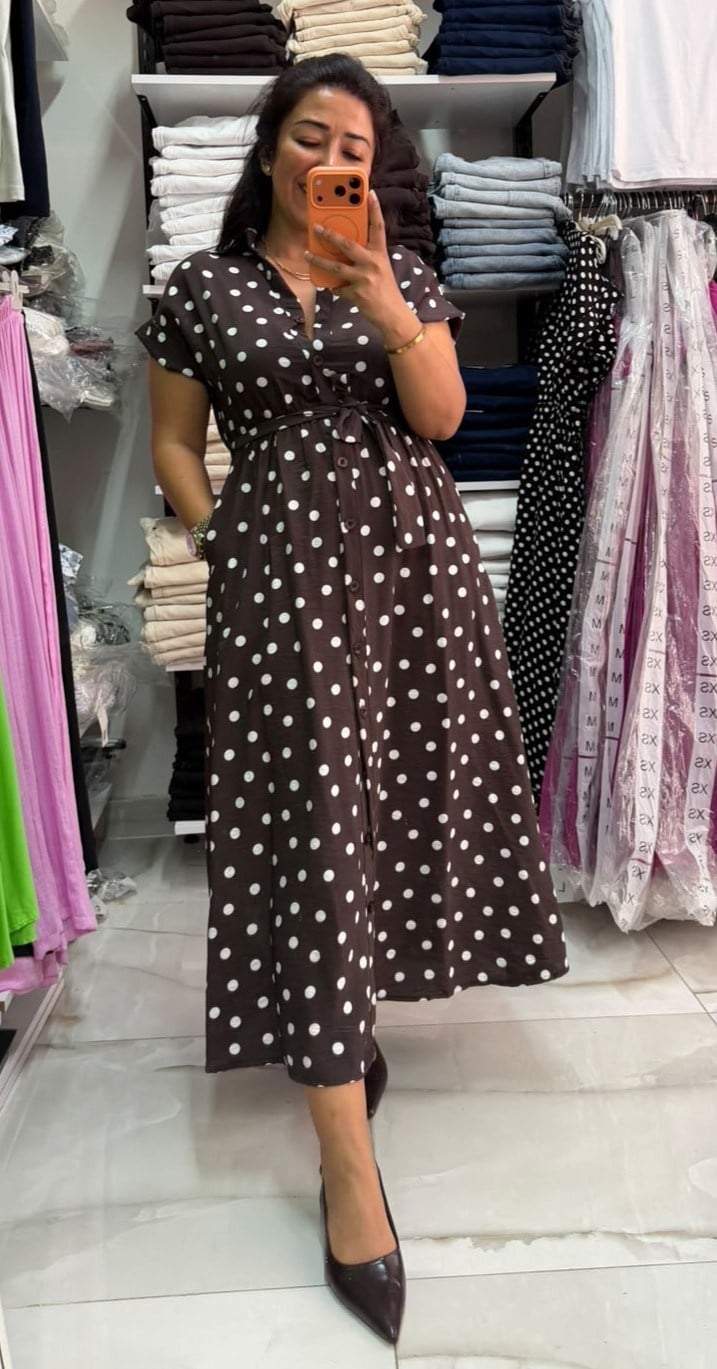 Lilyum Kumaş Acı Kahve Gömlek Yaka Elbise