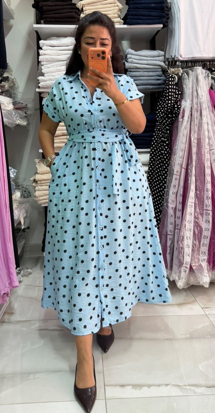 Lilyum Kumaş Mavi Gömlek Yaka Elbise10