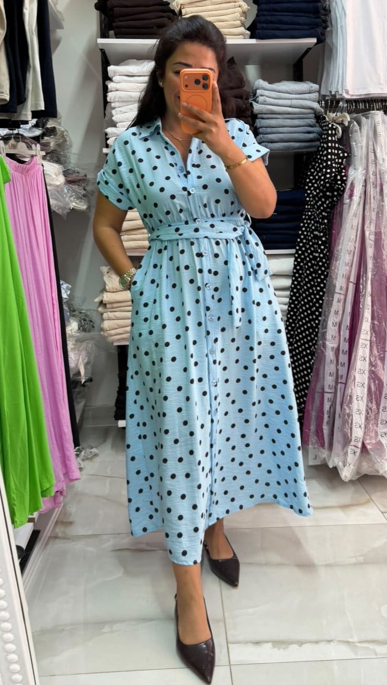 Lilyum Kumaş Mavi Gömlek Yaka Elbise10