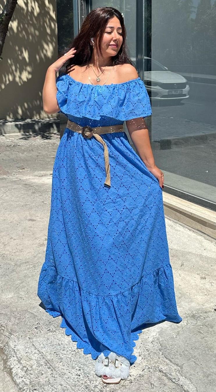 Mavi Fisto Madonna Yaka Elbise