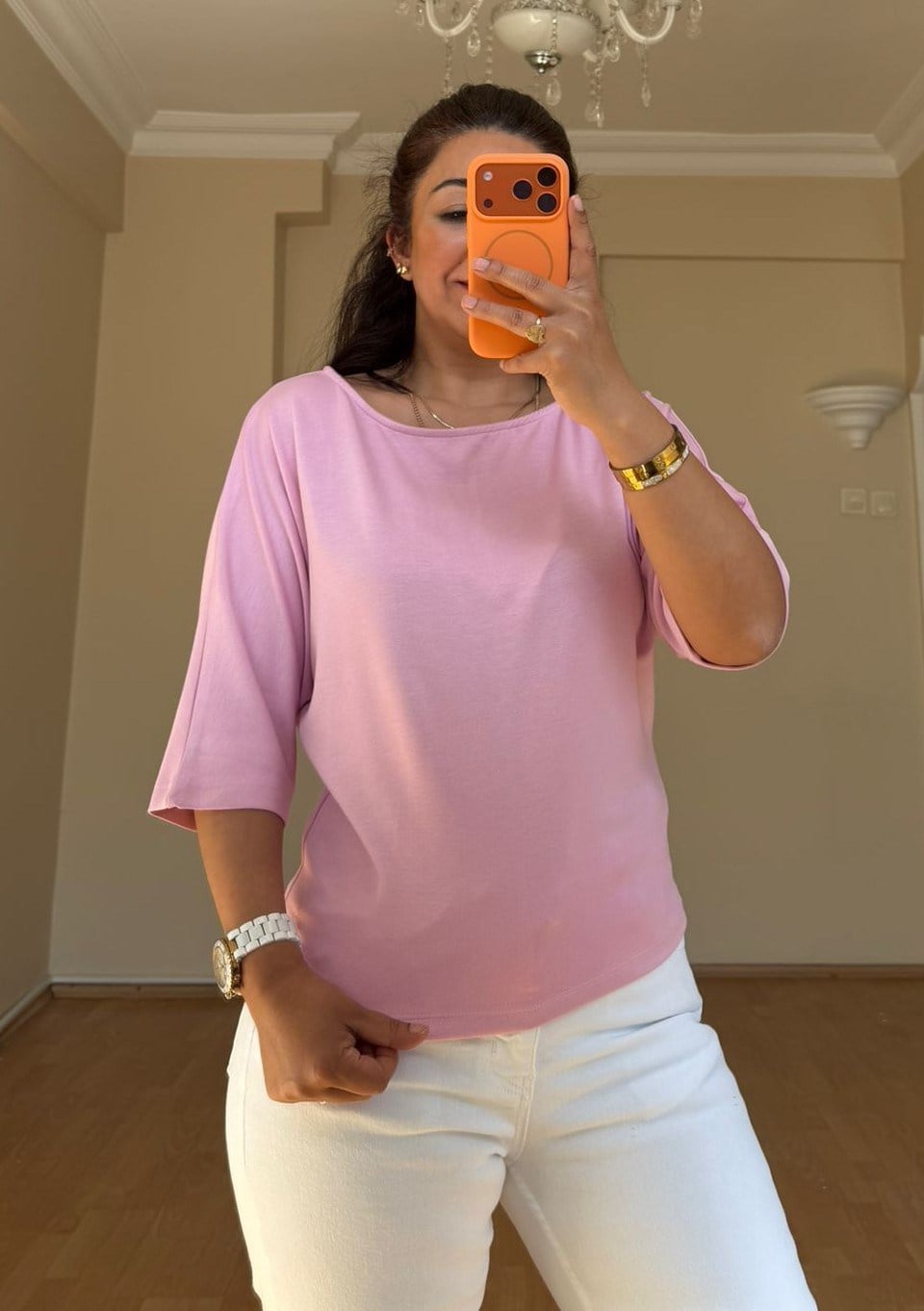 Pembe Kayık Yaka Modal Tişört