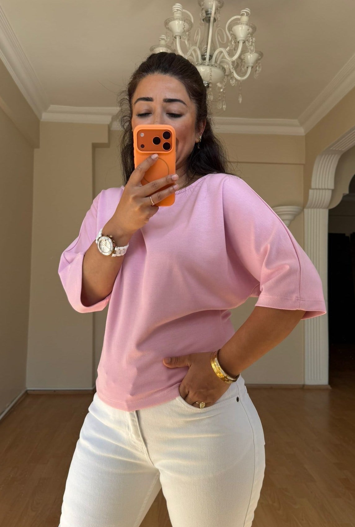Pembe Kayık Yaka Modal Tişört