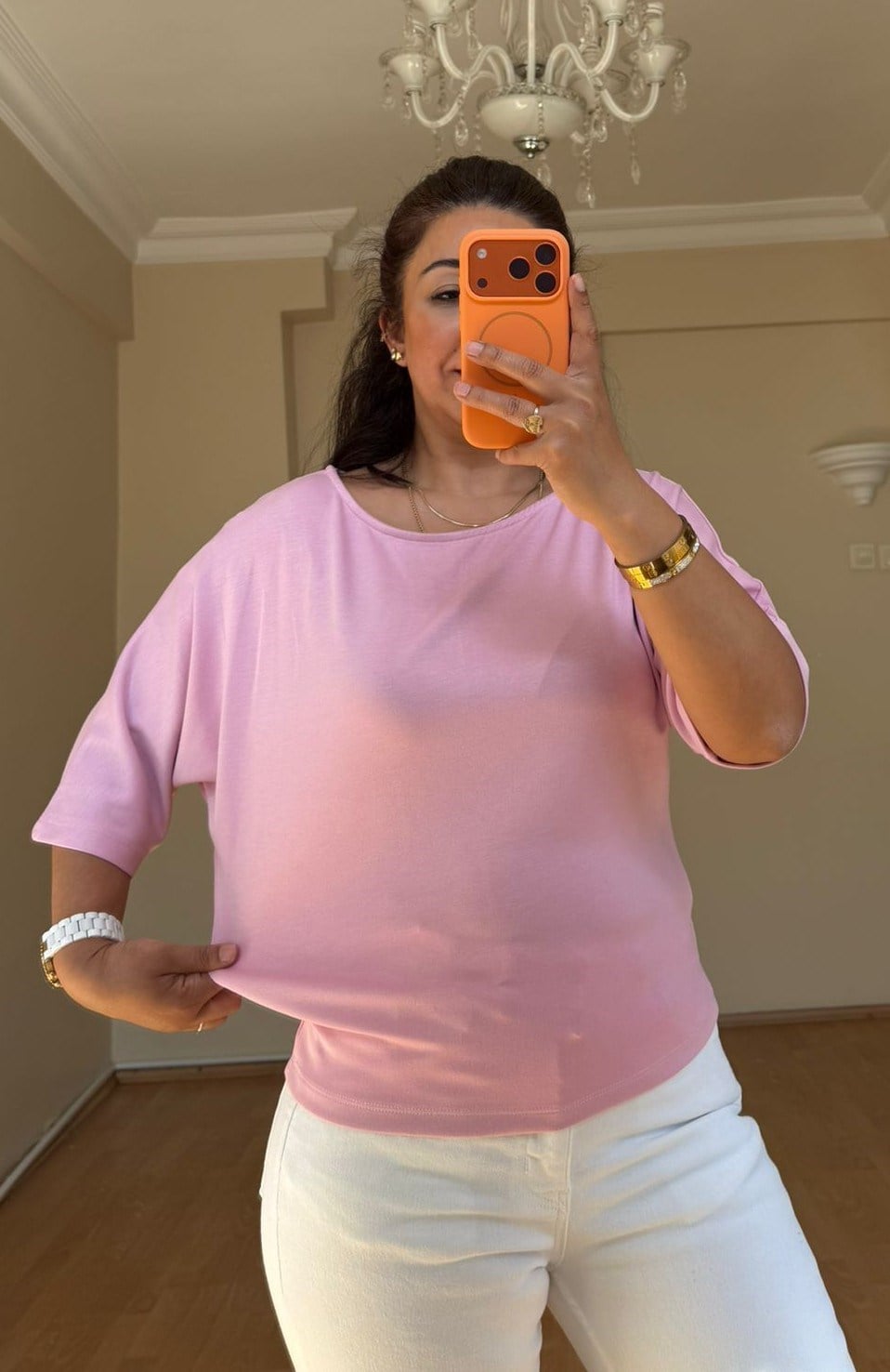 Pembe Kayık Yaka Modal Tişört