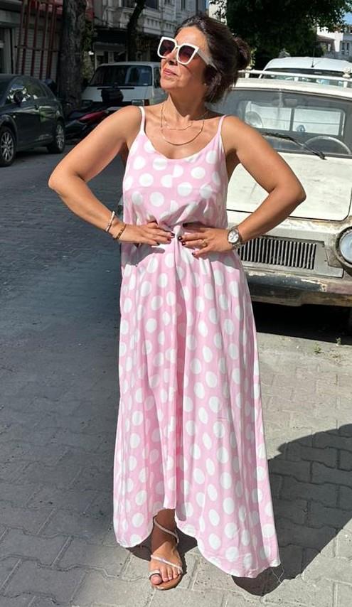 Pembe Puantiye  Askılı Elbise