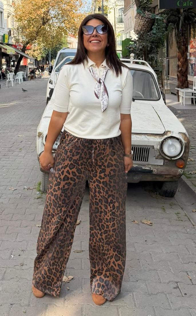 Saten Leopar palazzo Pantolon