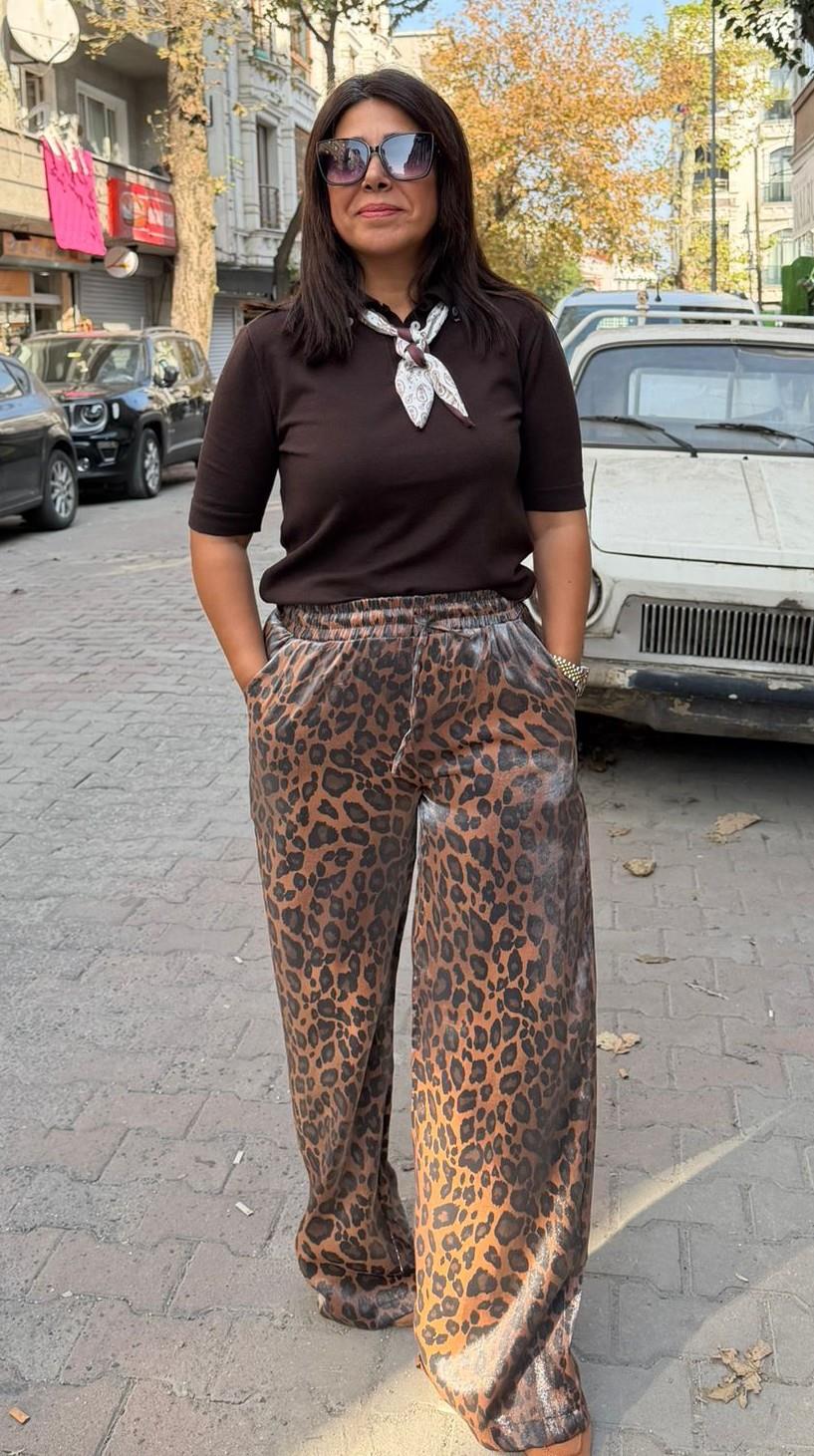 Saten Leopar palazzo Pantolon