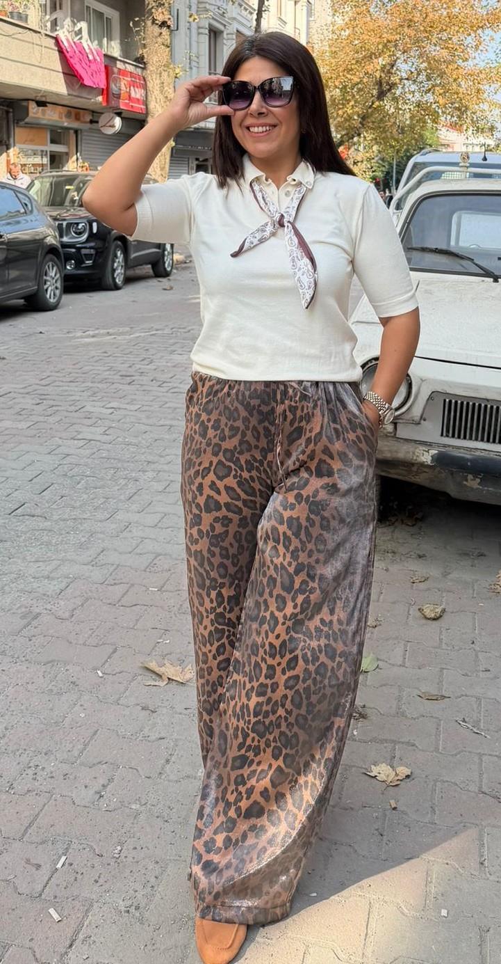 Saten Leopar palazzo Pantolon