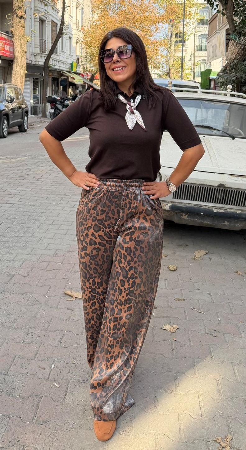 Saten Leopar palazzo Pantolon