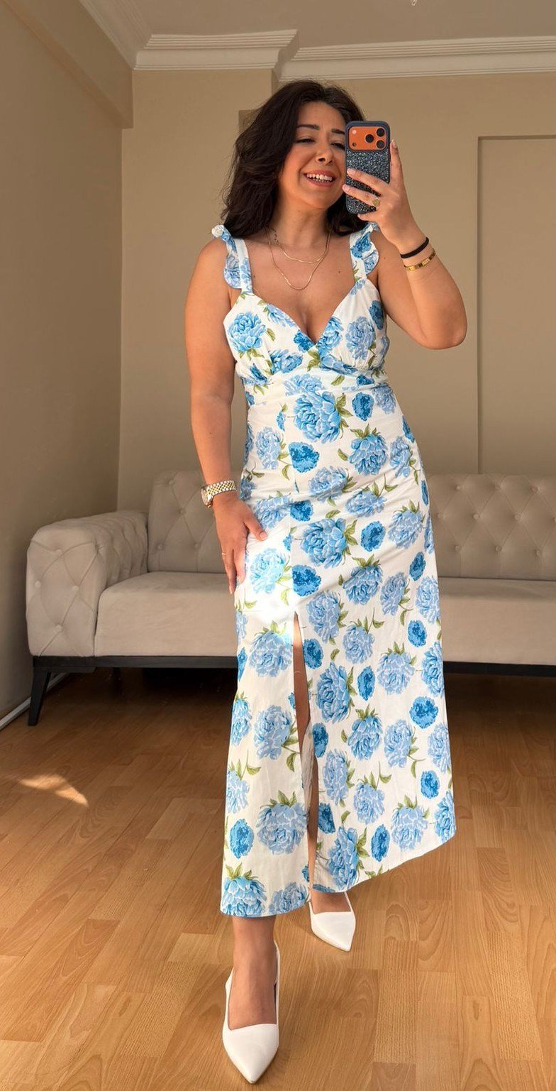 Sexy Mavi Desenli Elbise