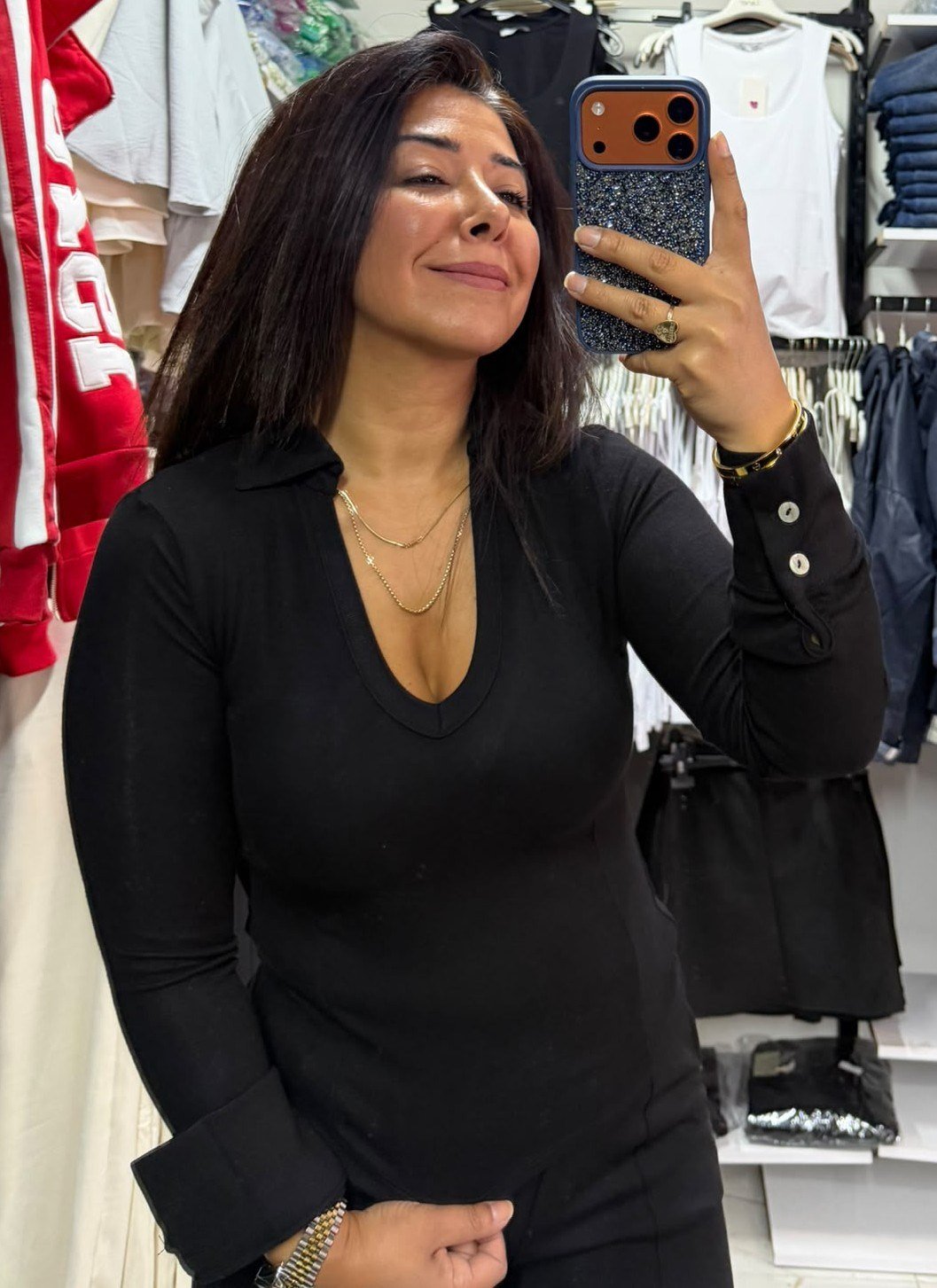 Siyah Gömlek Yaka Likralı Body