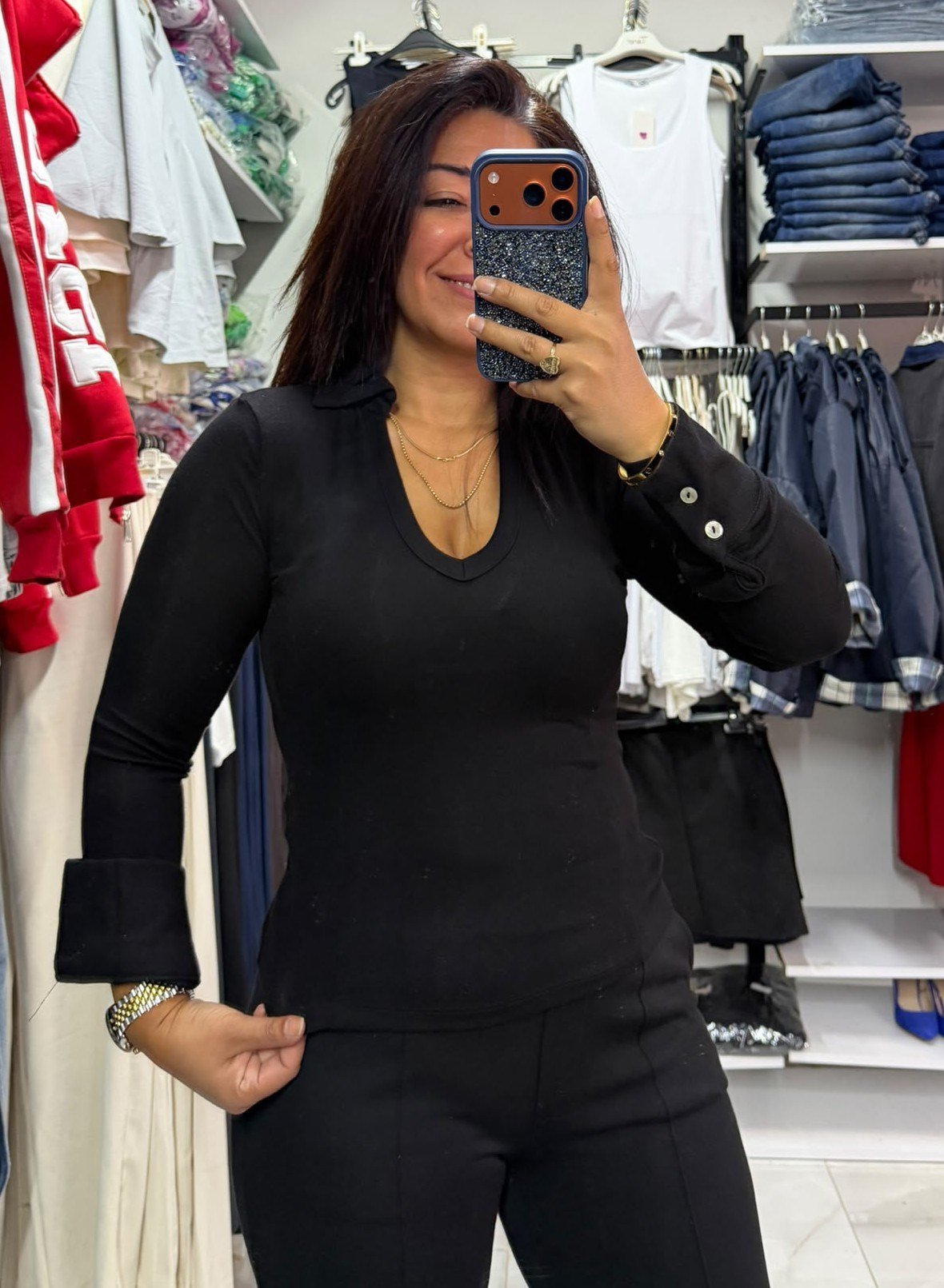Siyah Gömlek Yaka Likralı Body