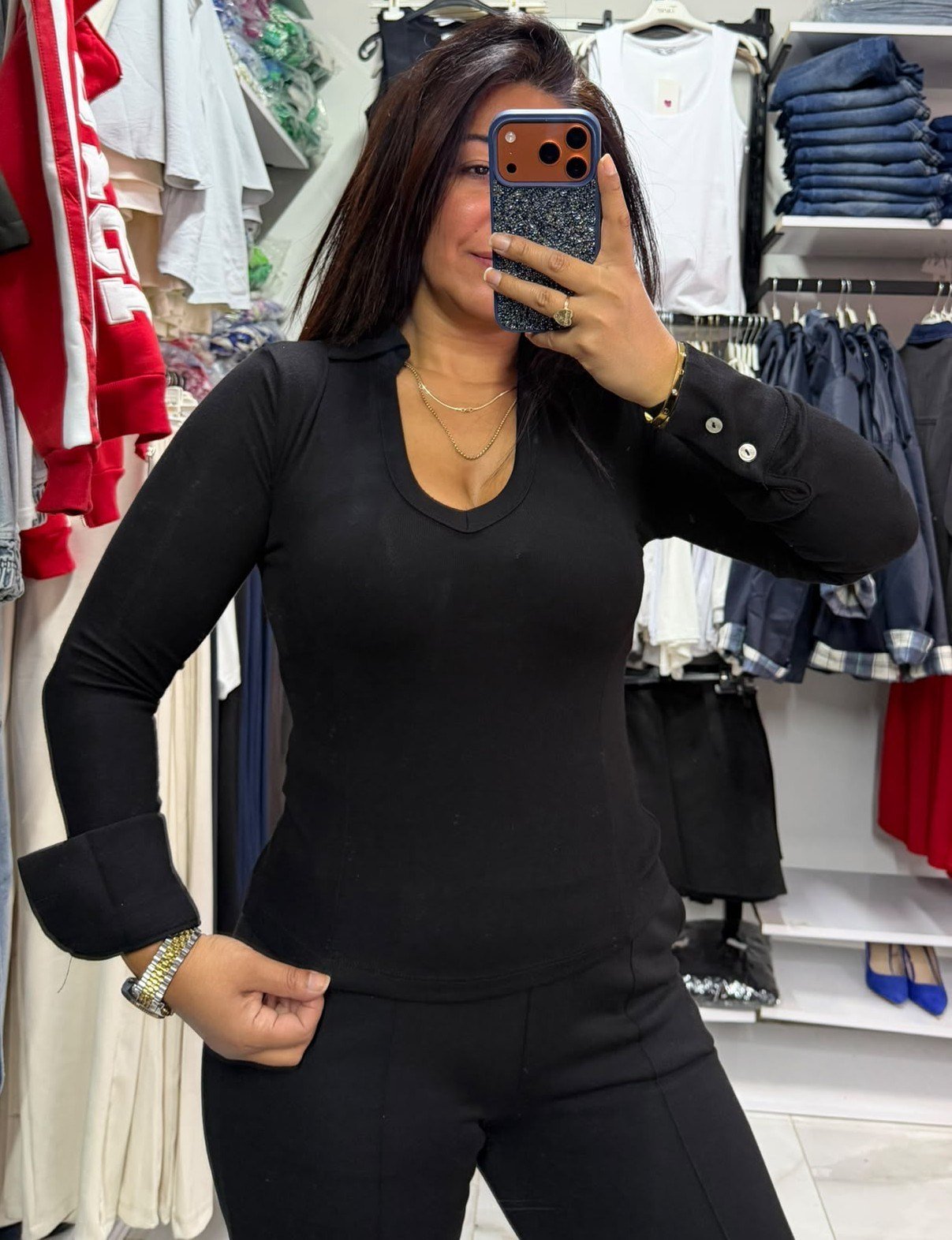 Siyah Gömlek Yaka Likralı Body