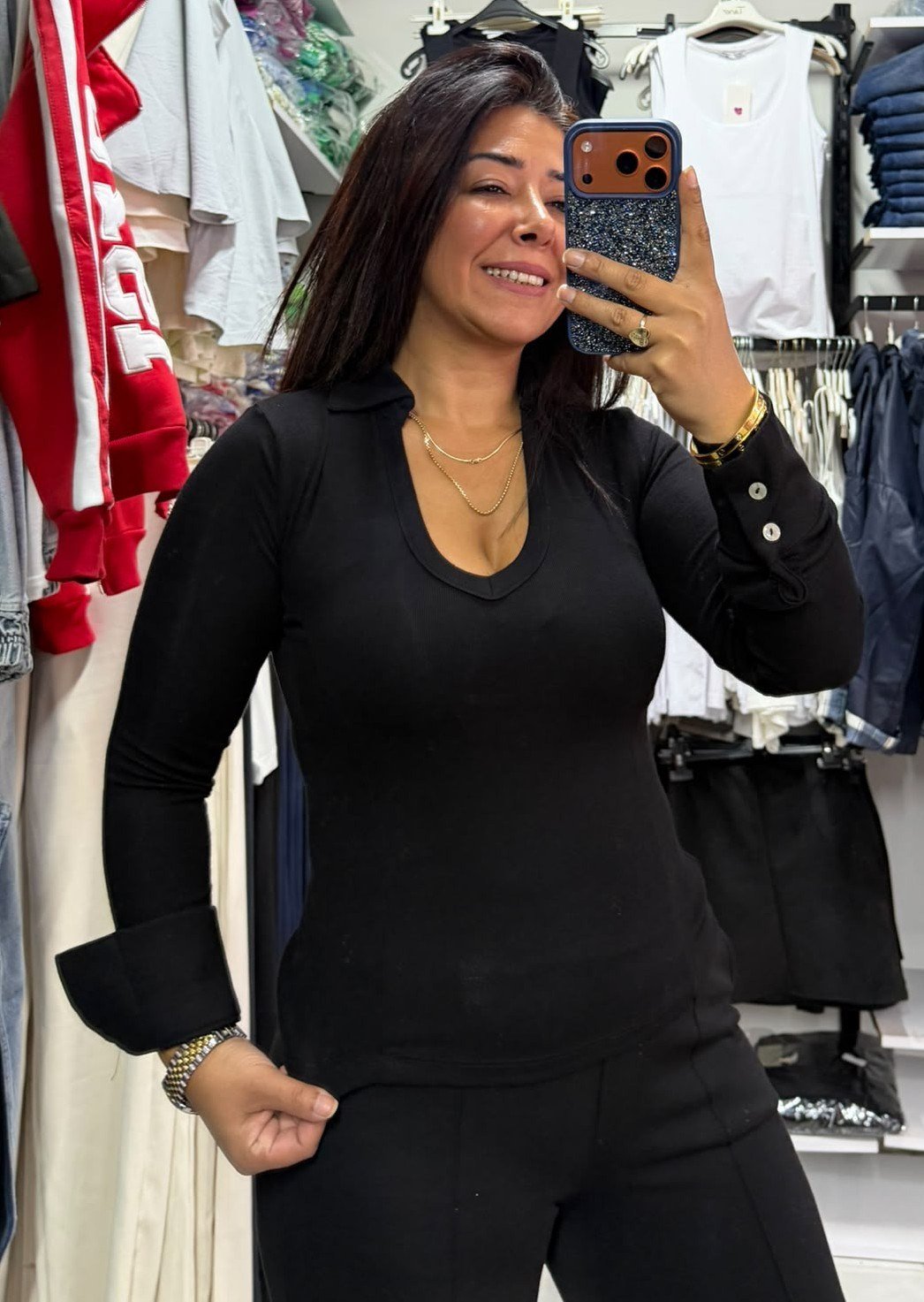 Siyah Gömlek Yaka Likralı Body