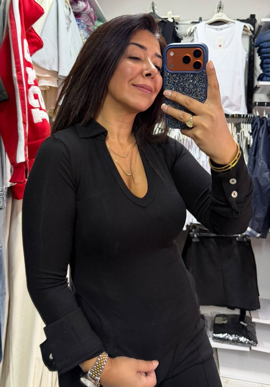 Siyah Gömlek Yaka Likralı Body
