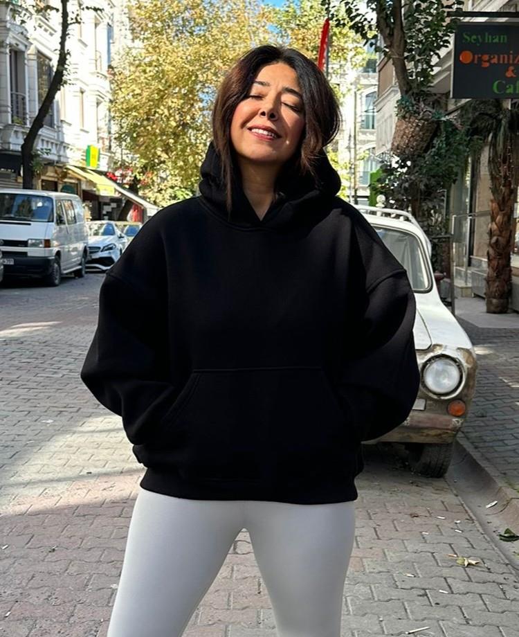 Siyah Kanguru cepli Sweatsirt