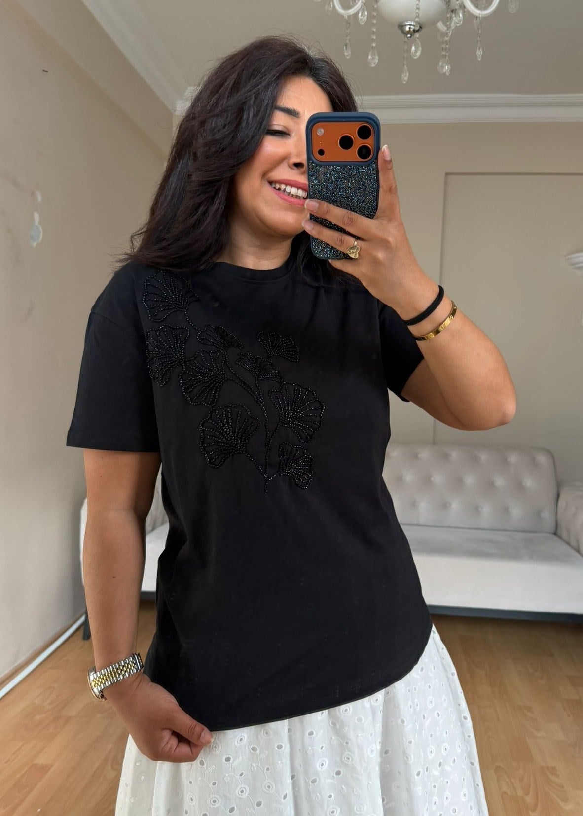 Siyah Taş işleme Tişört