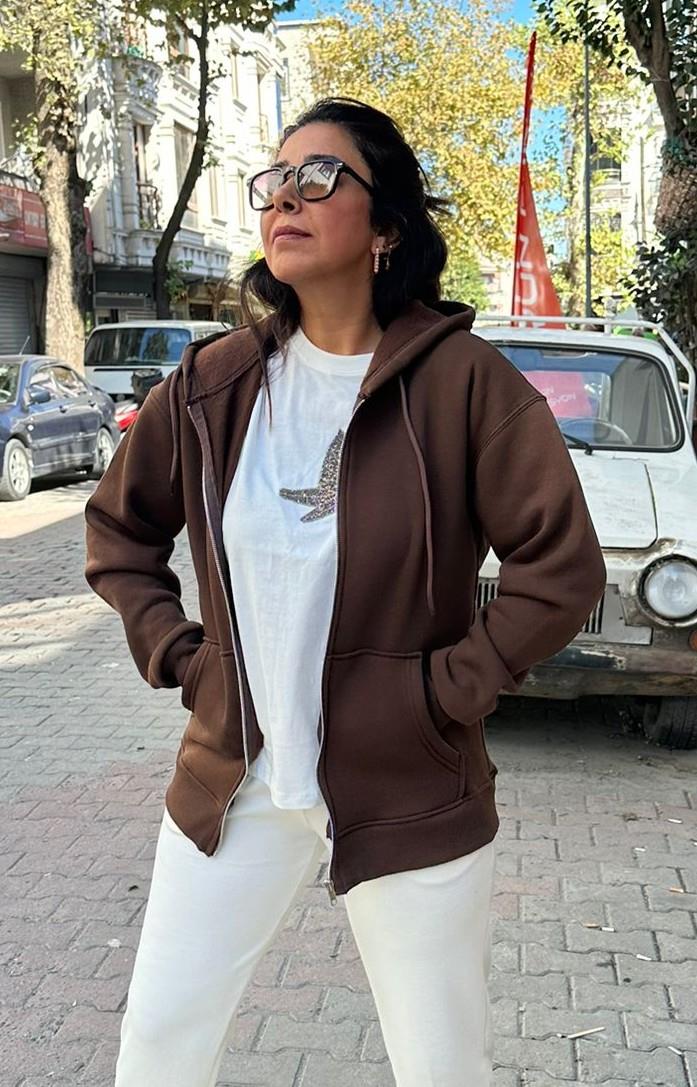 Tarçın Kahve Fermuarlı Sweatsirt