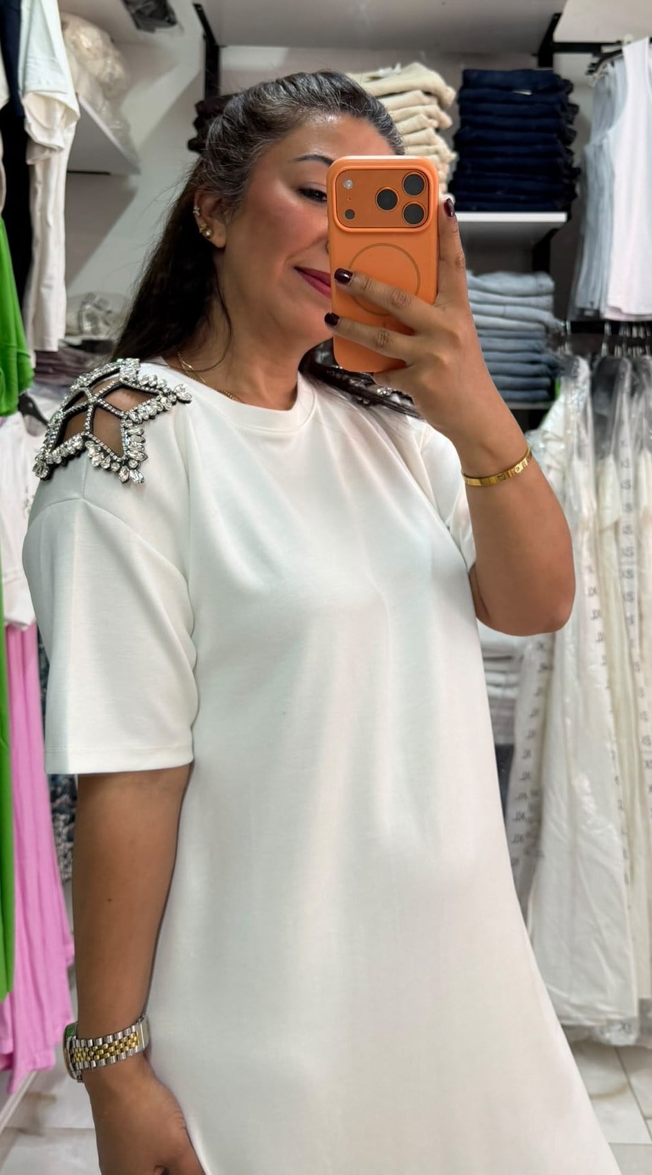 Taşlı Yıldız Omuz Elbise Beyaz