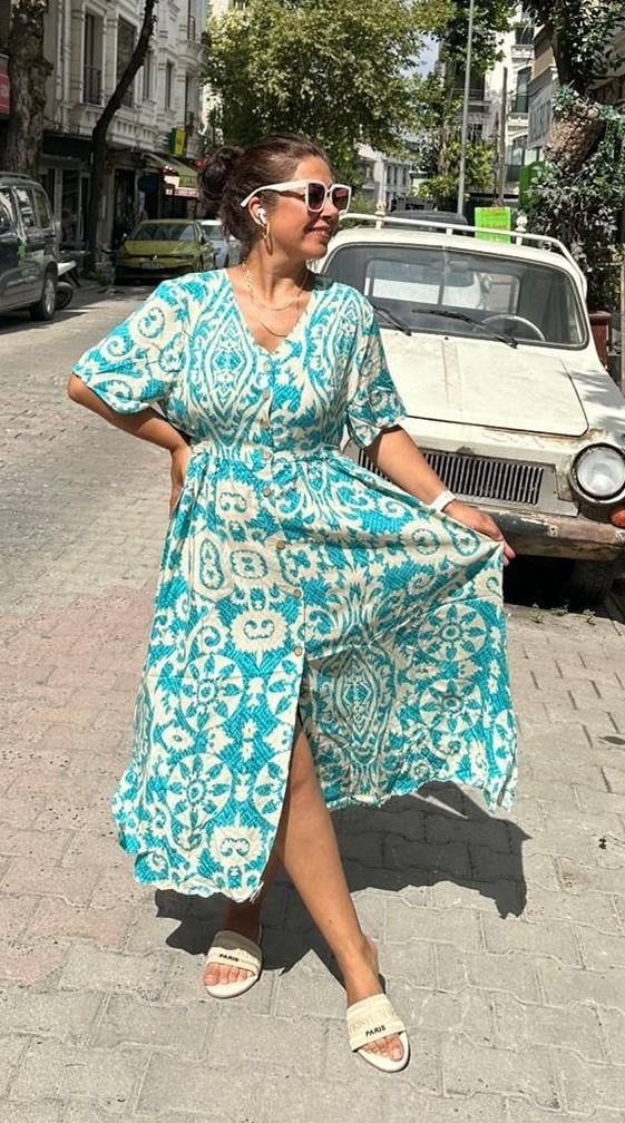 Turkuaz Mavi Ekru Elbise