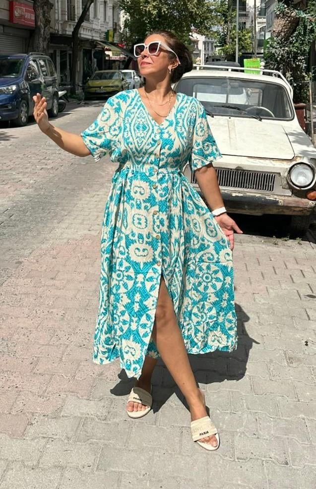 Turkuaz Mavi Ekru Elbise