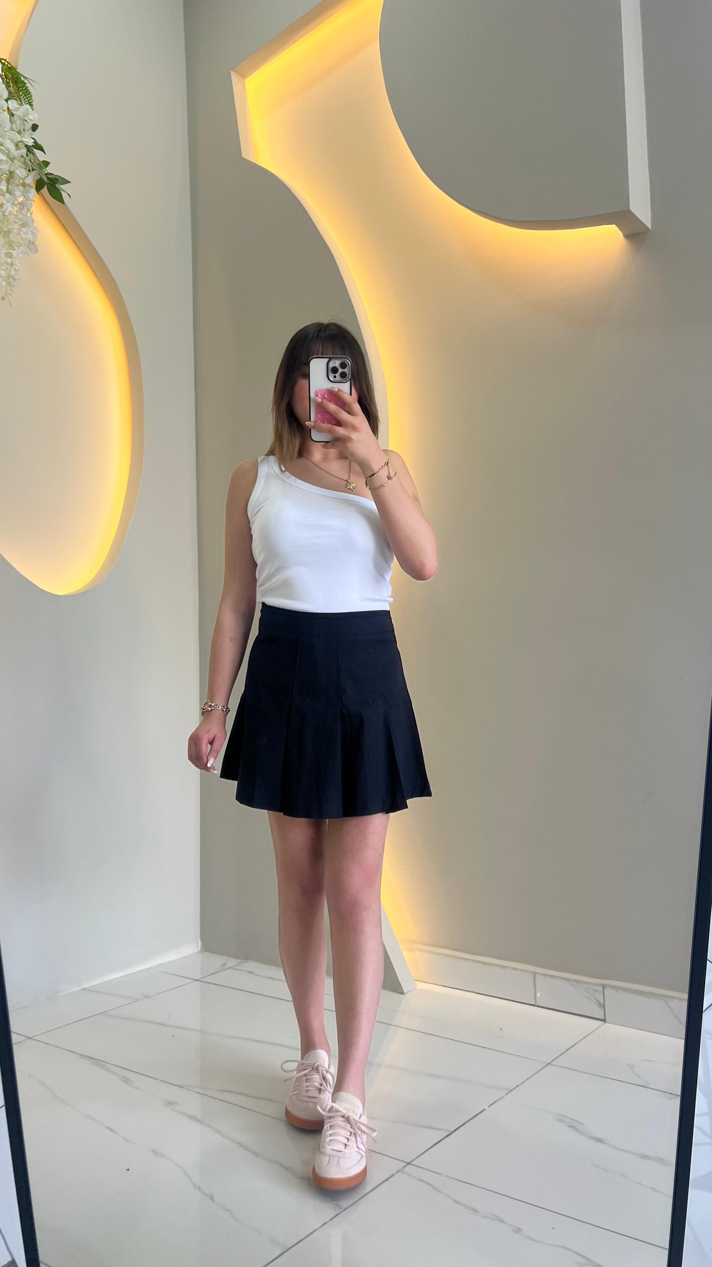Antrasit Yüksek Bel Pileli Cotton Etek