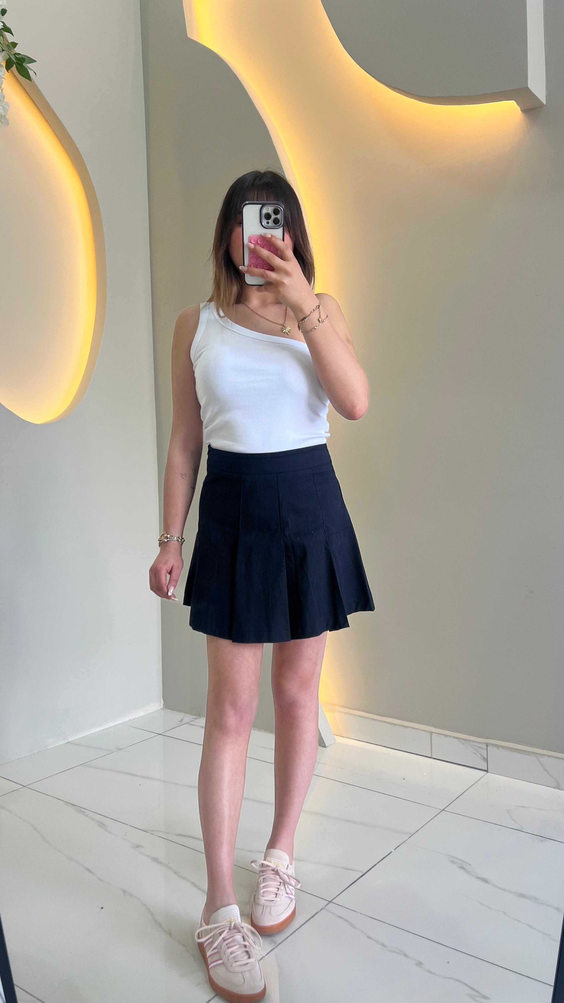 Antrasit Yüksek Bel Pileli Cotton Etek