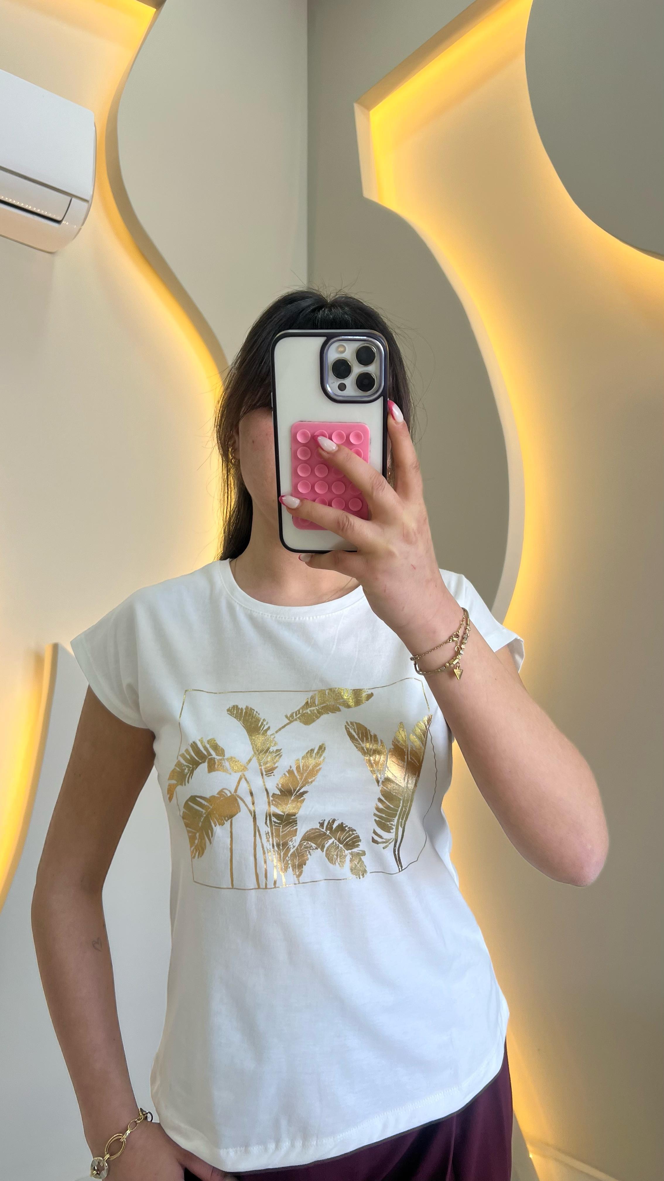 Beyaz Gold Desenli Tişört