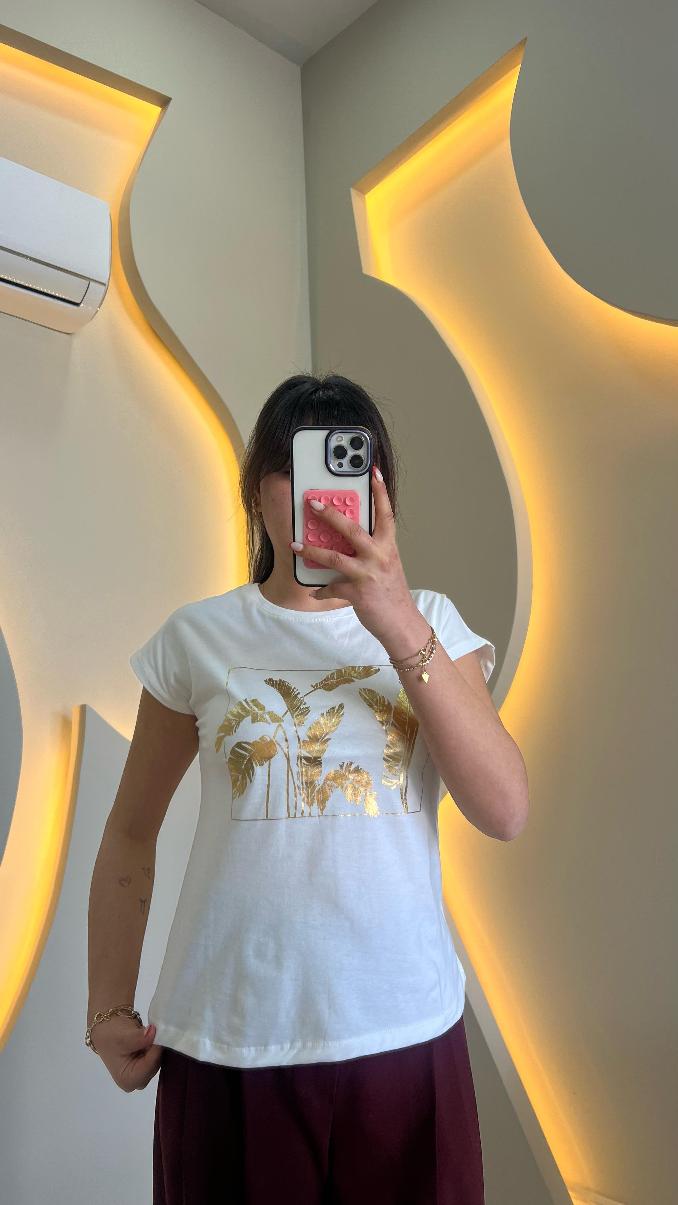 Beyaz Gold Desenli Tişört