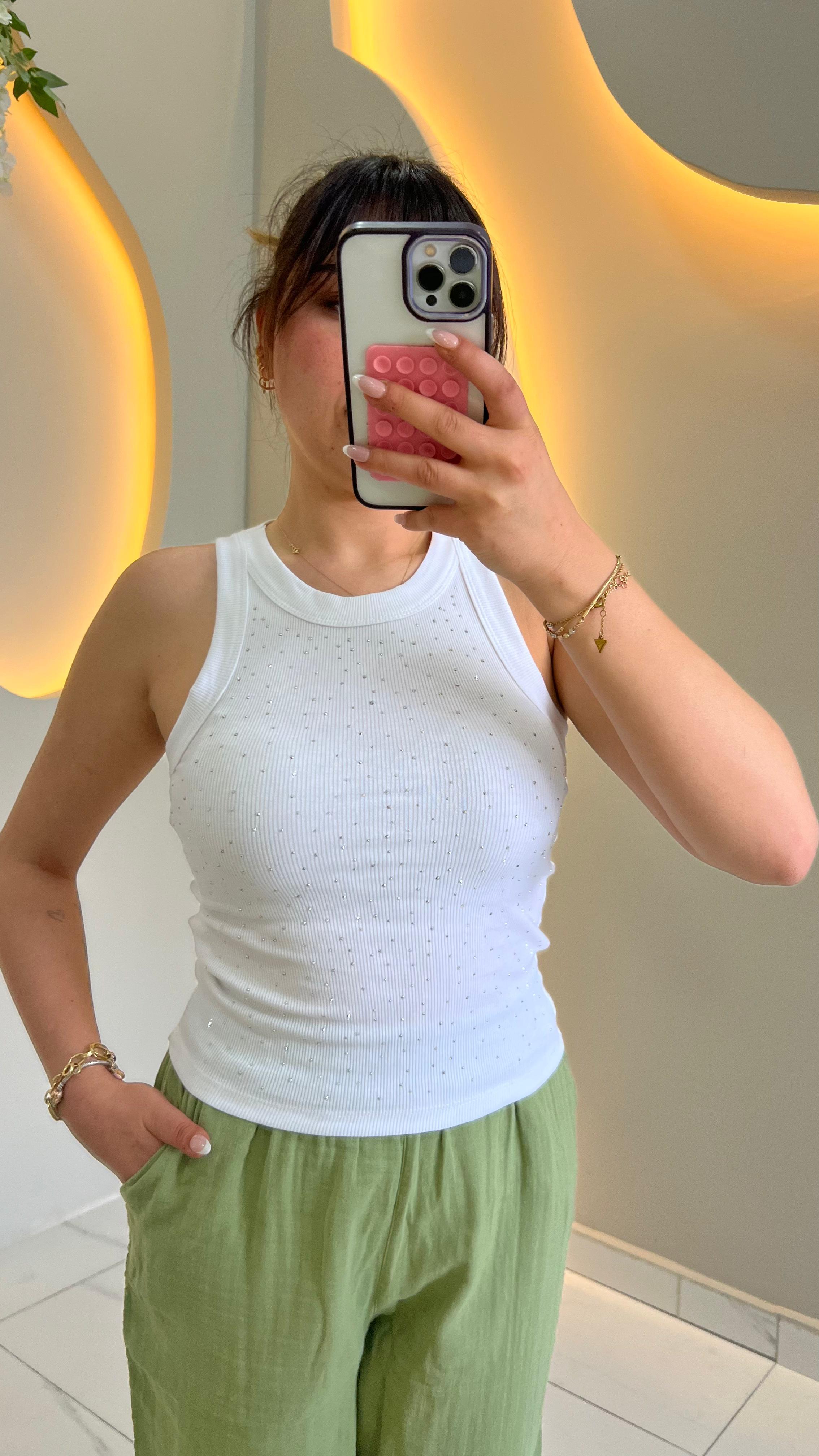 Beyaz Taşlı Halter Yaka Body