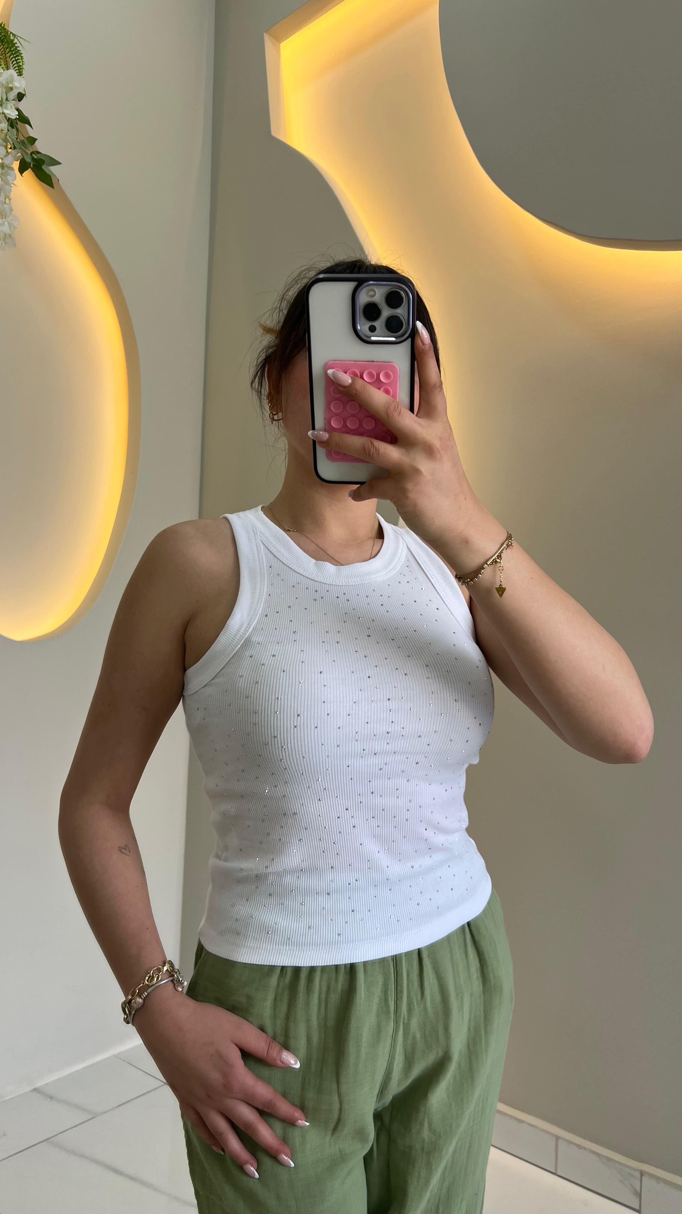 Beyaz Taşlı Halter Yaka Body
