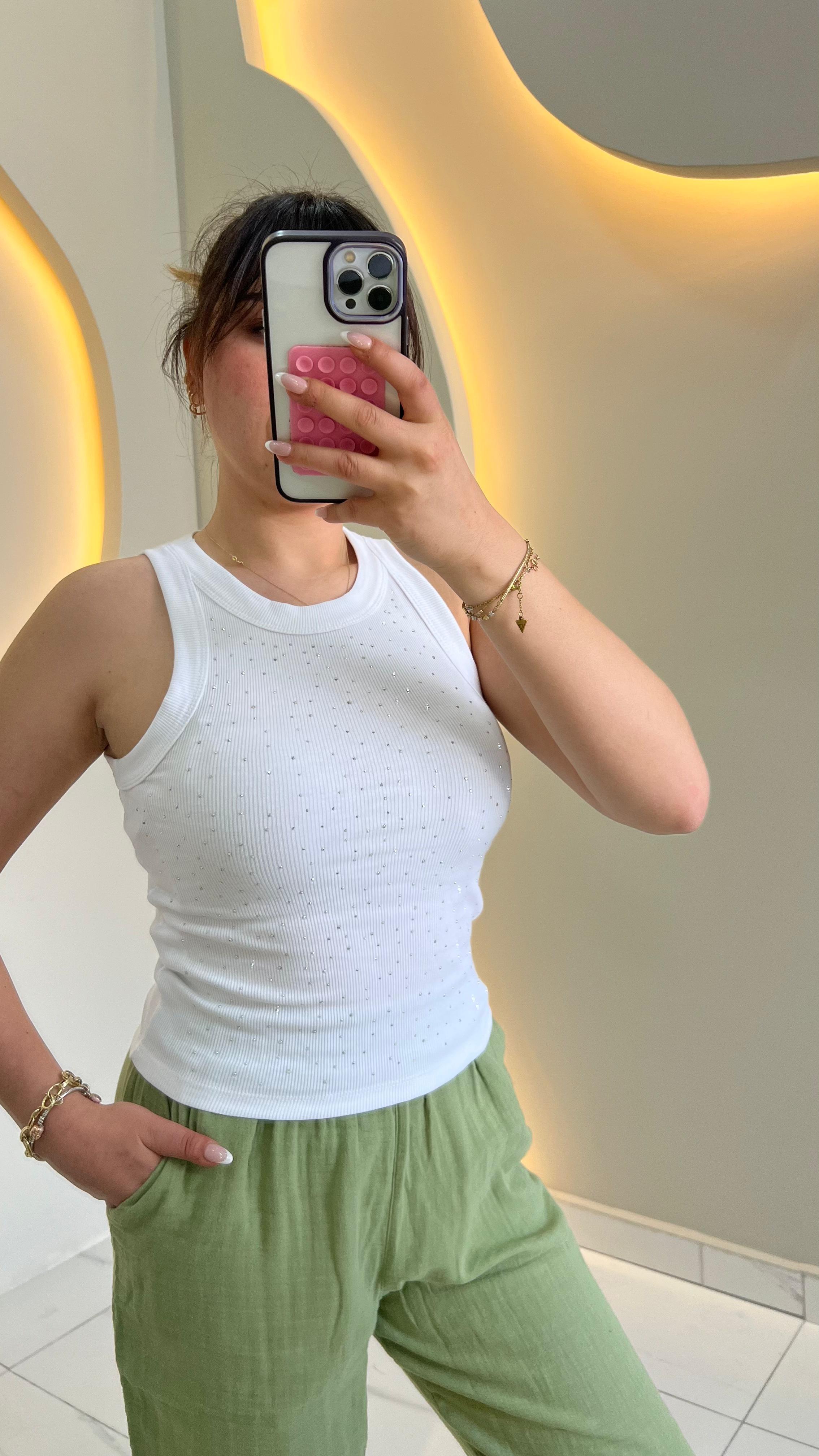 Beyaz Taşlı Halter Yaka Body