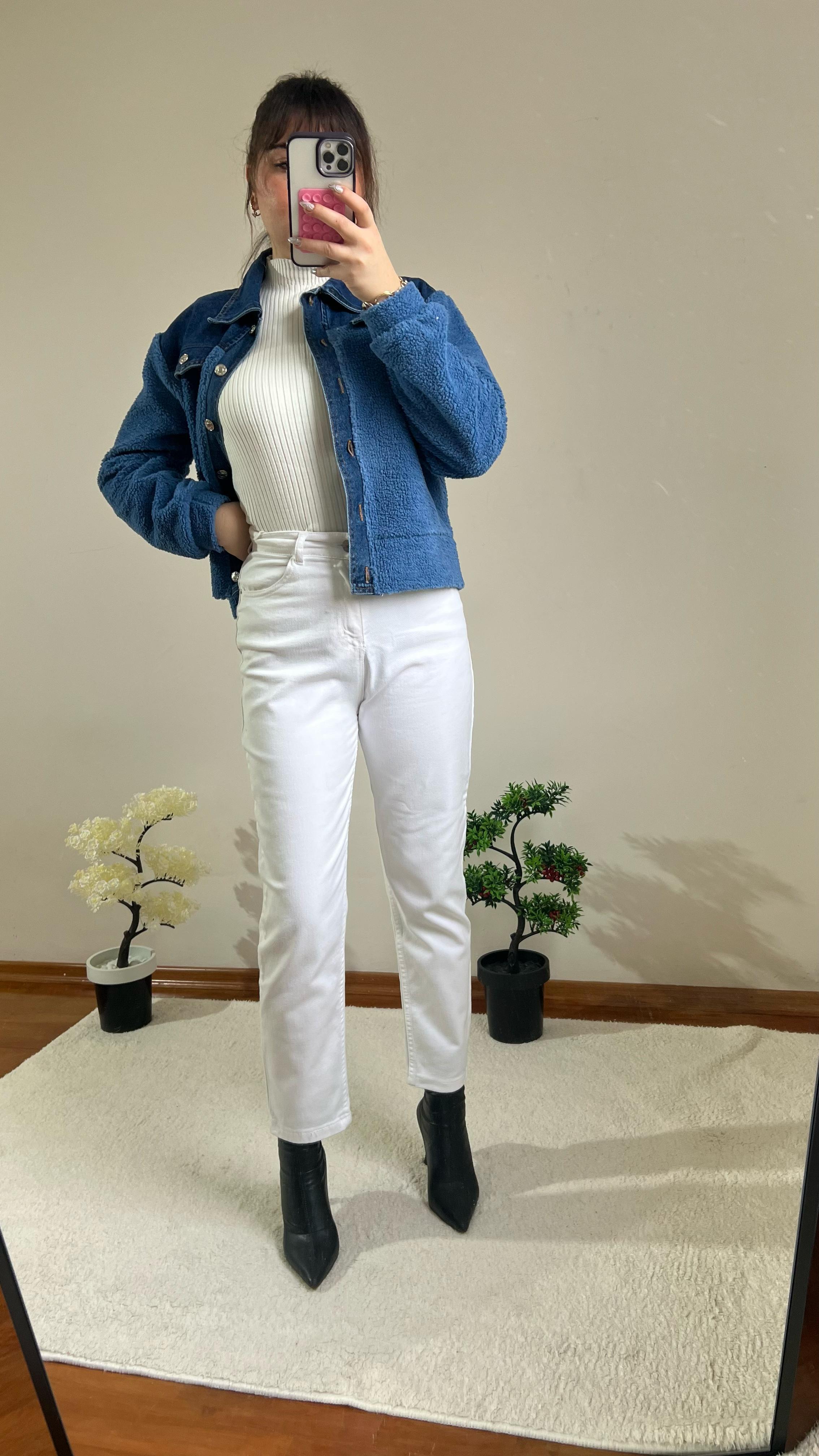 Beyaz Yüksel Bel Mom Jean