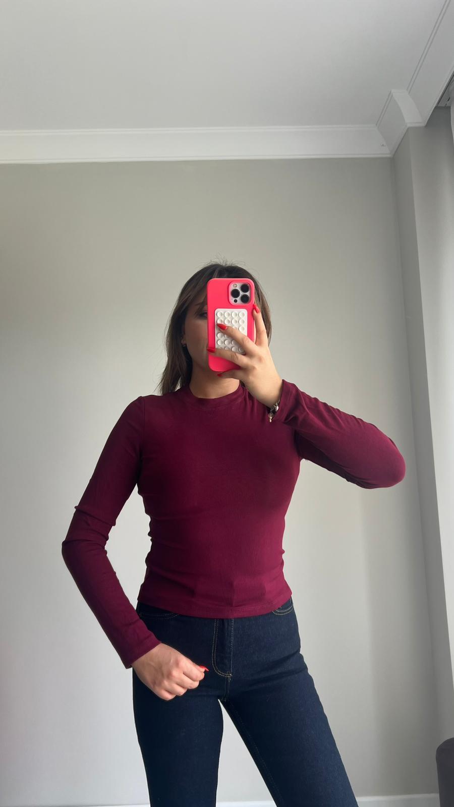 Bordo Bisiklet Yaka Parmak Geçirme Modal Body
