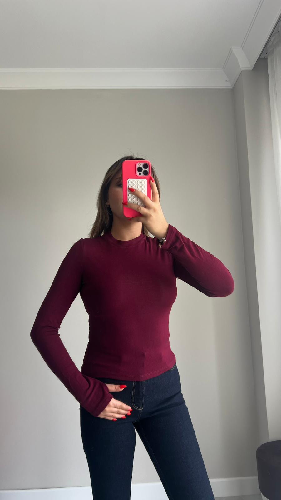 Bordo Bisiklet Yaka Parmak Geçirme Modal Body