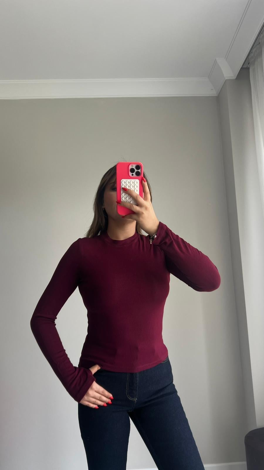 Bordo Bisiklet Yaka Parmak Geçirme Modal Body