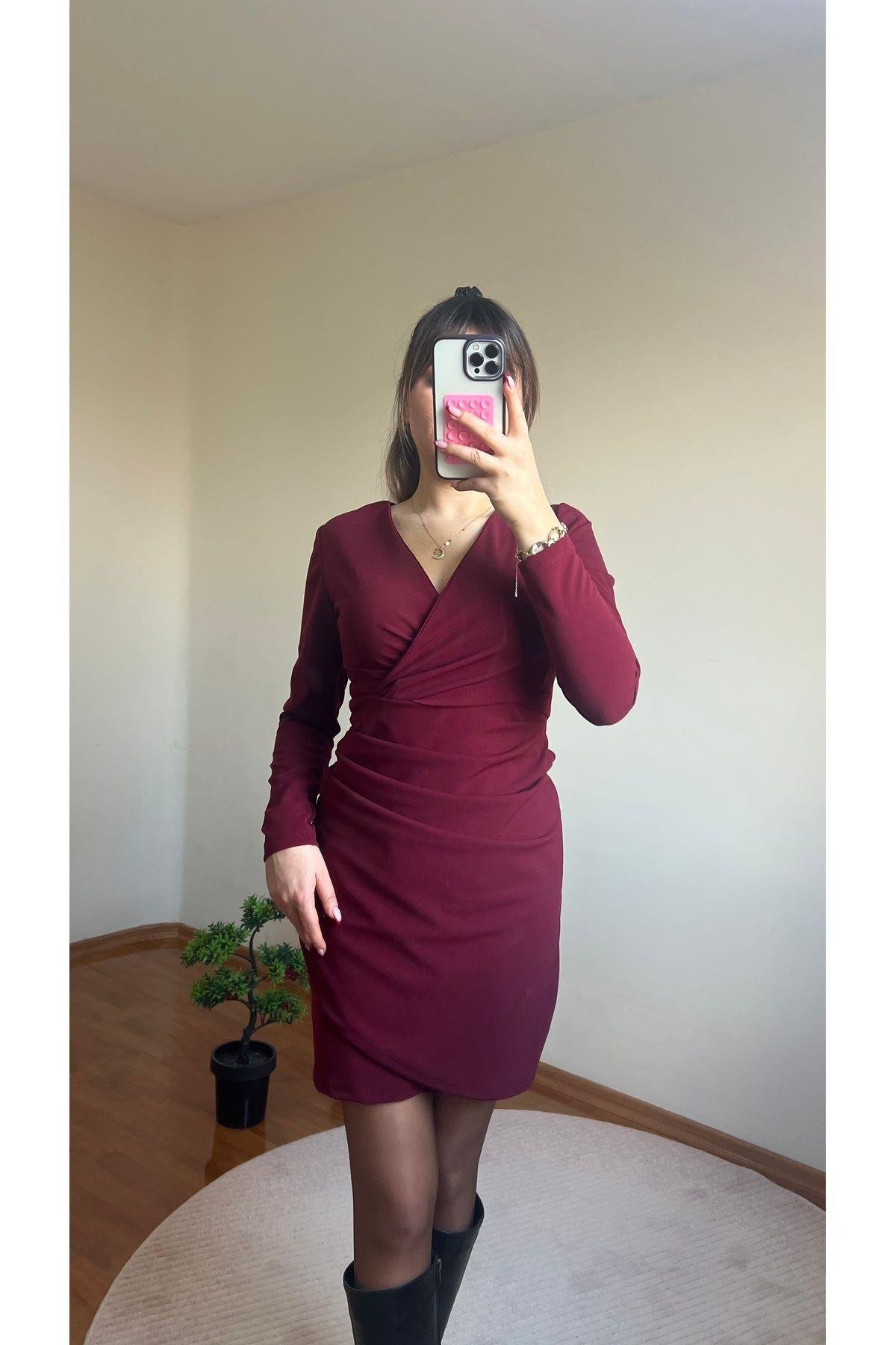 Bordo Drapeli Elbise