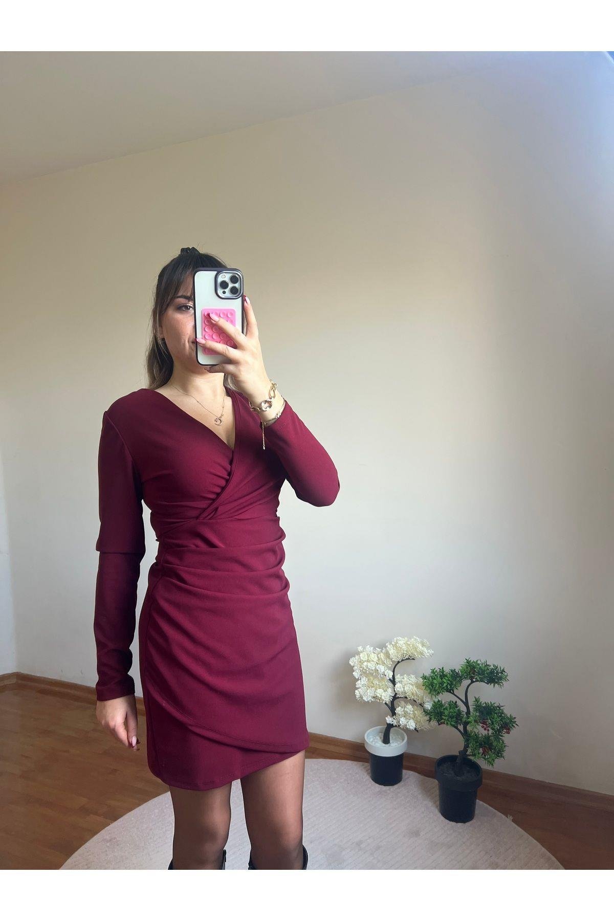 Bordo Drapeli Elbise